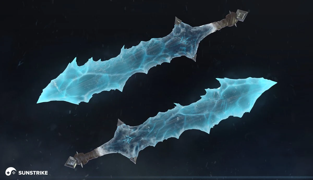 Two stylized fantasy swords with translucent ice blades and wrapped hilts floating against a dark background, with a SunStrike watermark