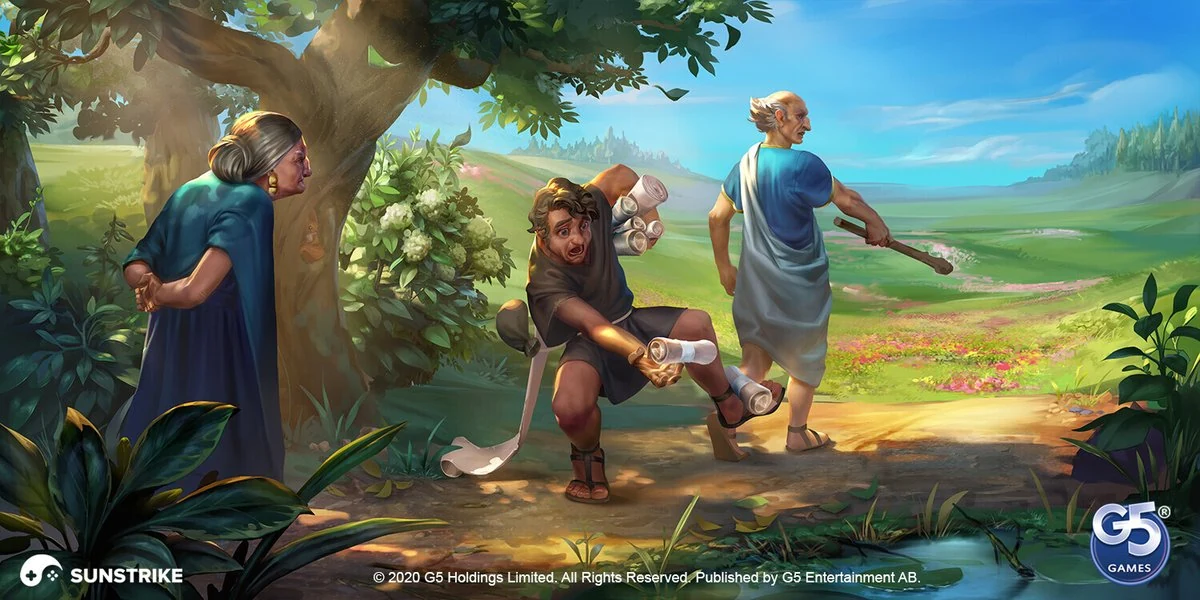 Stylized 2D illustration of an ancient Roman boy carrying a rolled toga past a scolding woman and a gardener with a hoe in a sunlit Mediterranean meadow