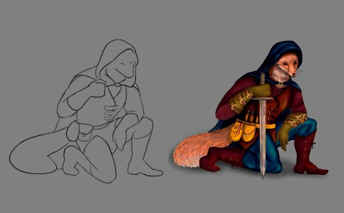 Reference photo of a woman in a similar combat pose used to study the body structure under the warrior's armor