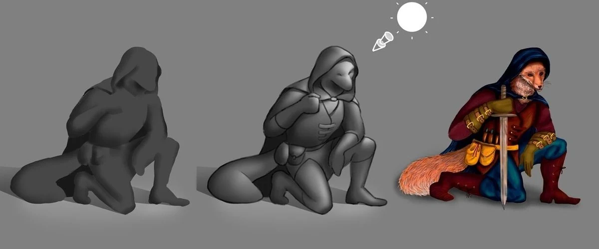 Warrior painted with both highlights and shadow zones blocked in, showing how the body and armor read as solid volumes
