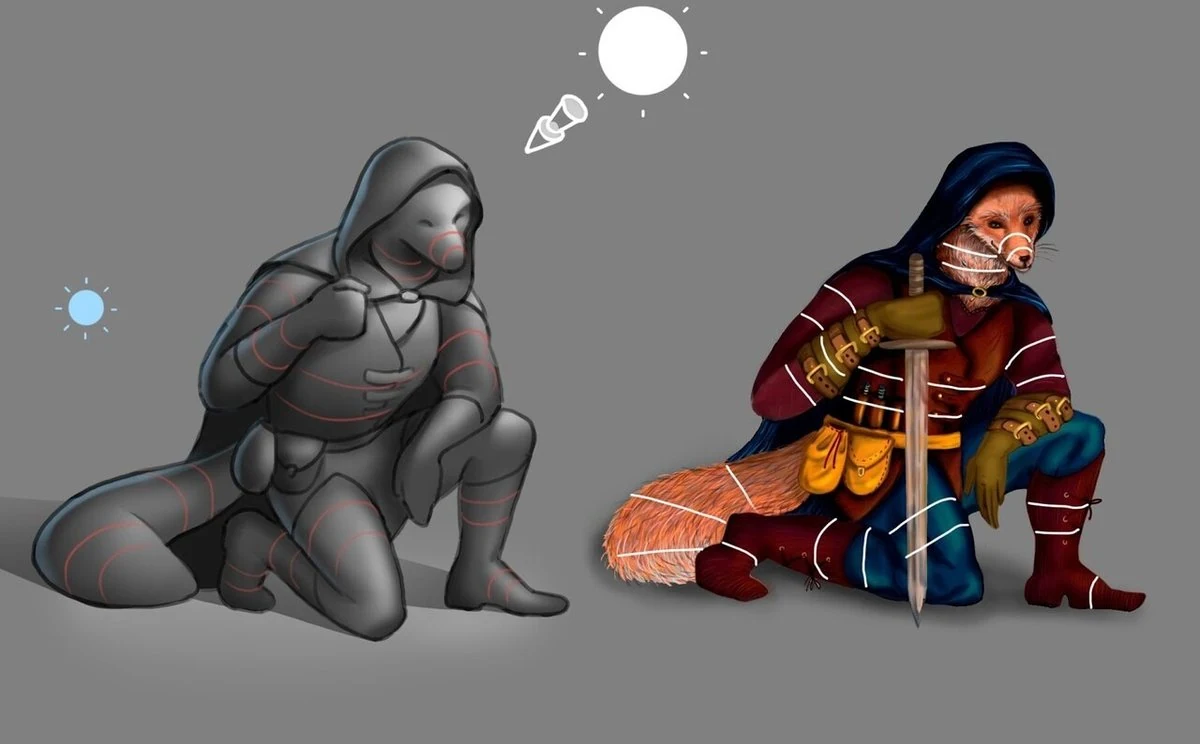 The painted warrior cut into vertical strips against a checker pattern to test where the light direction breaks down