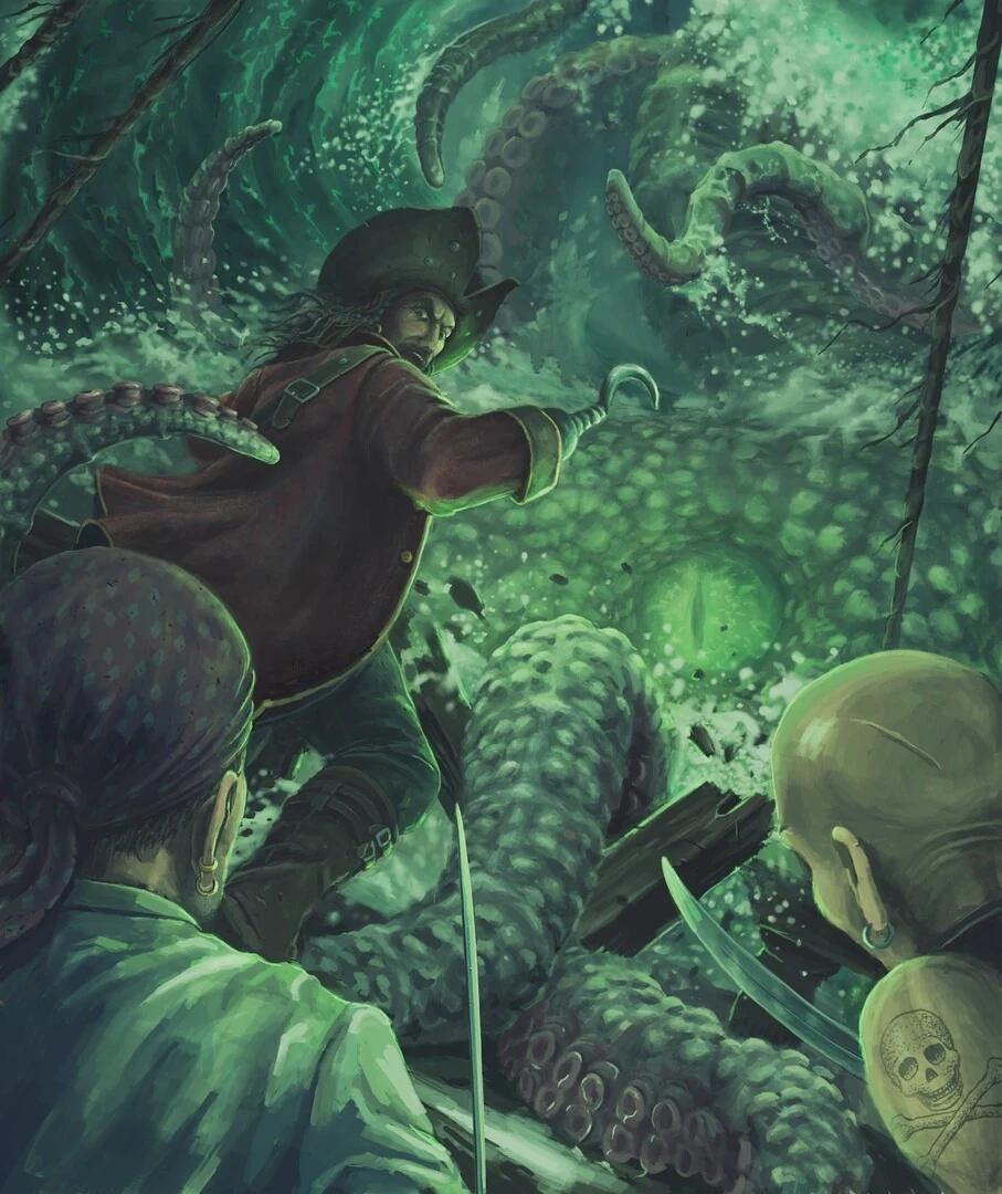 Pirate captain illustration with a sabre, a crew member on the right and an octopus filling the background of a multi-character composition