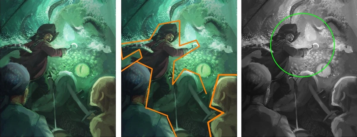Composition overlay showing guiding lines and tentacles converging on the captain with arrows redirecting the right pirate's gaze