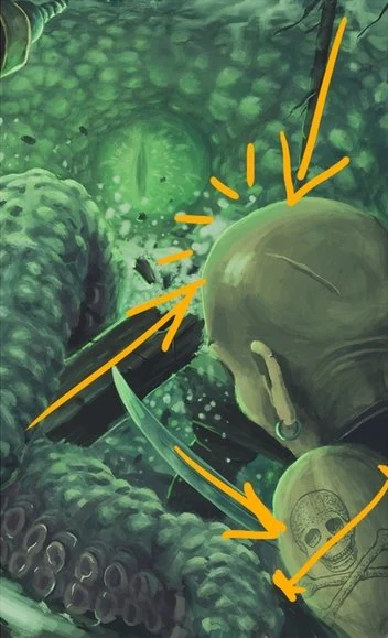Anatomy correction of the pirate captain's face with annotations on jaw protrusion, nose length and simplified eyebrow shapes