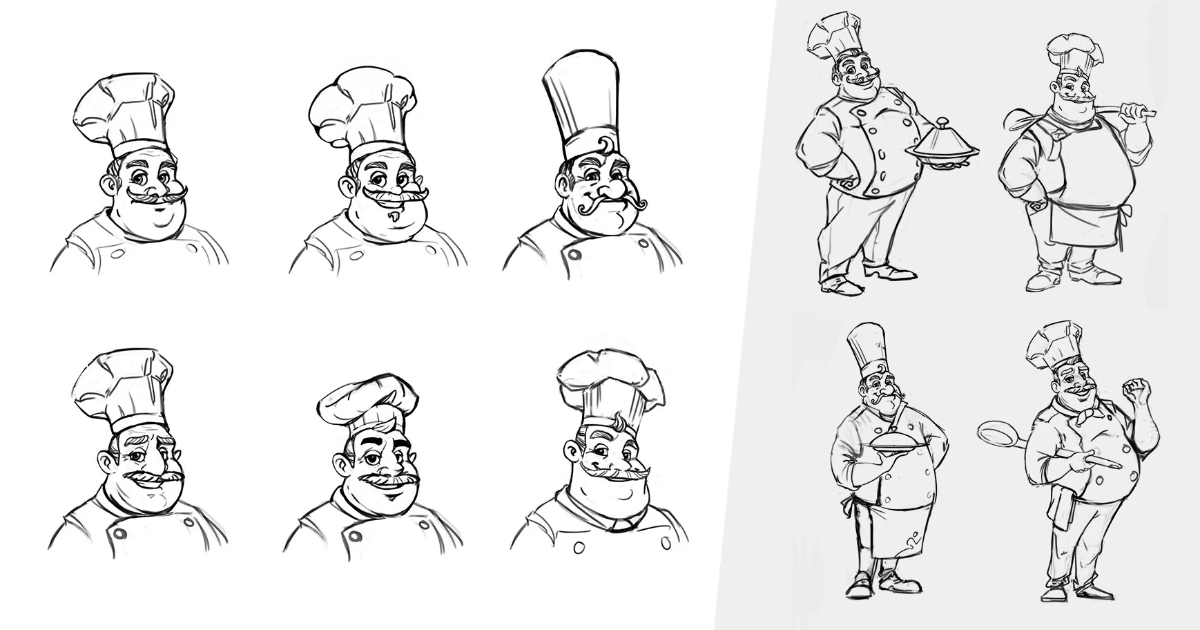 2D stylized character sketch studies - chef character expressions and poses