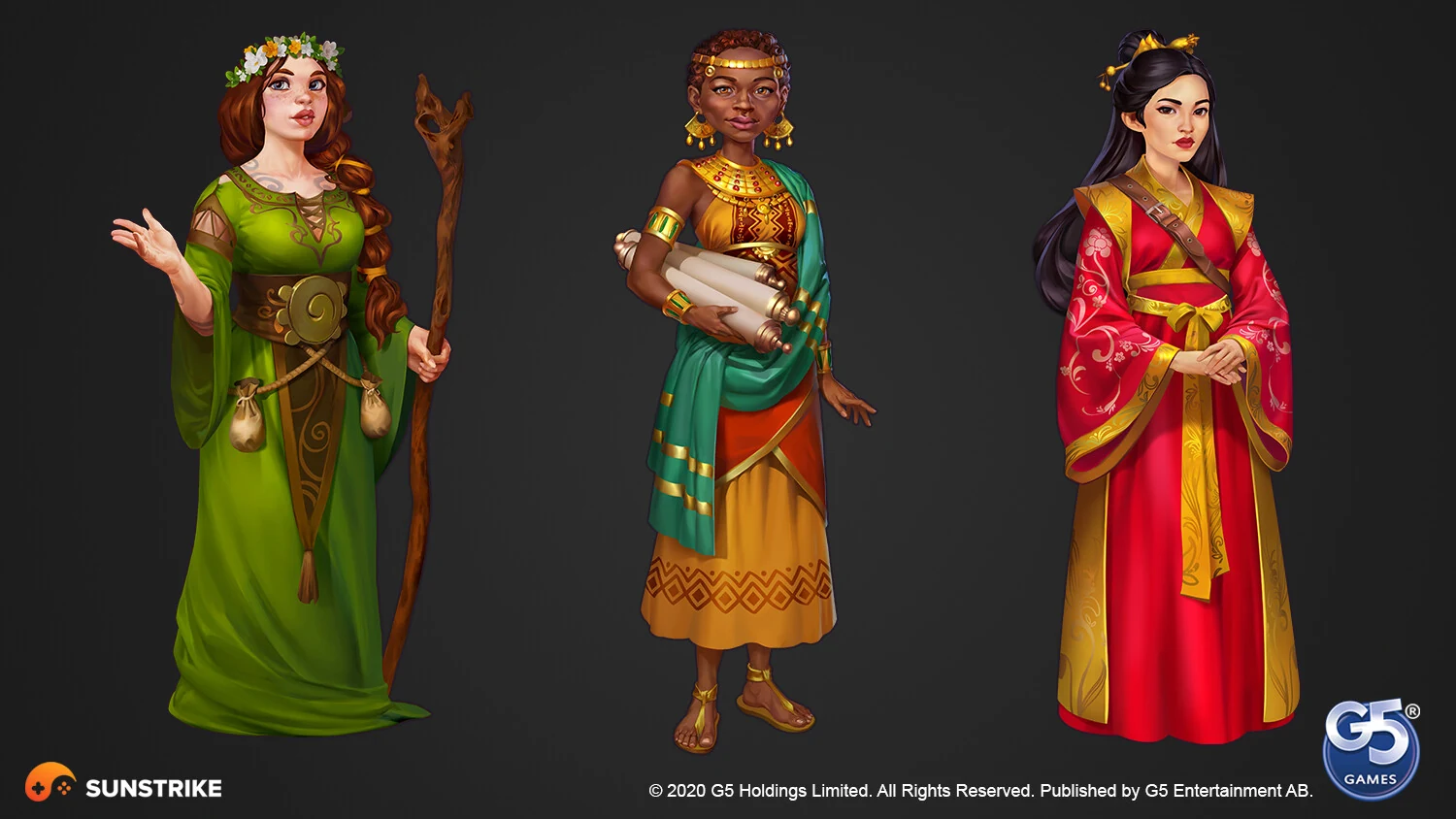 2D character design services - semi-realistic female heroines (Celtic, African, Asian) for Jewels of Rome match-3