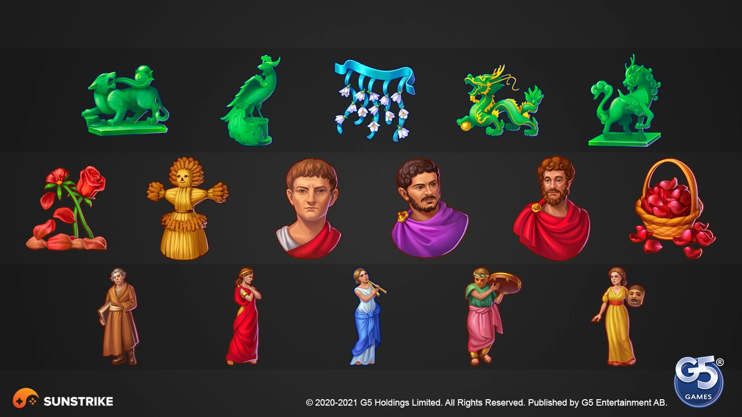 Match-3 game icon system for G5 Games Jewels of Rome by SunStrike Studios - jade statues, Roman bust portraits and full-figure character icons across three rows on dark background