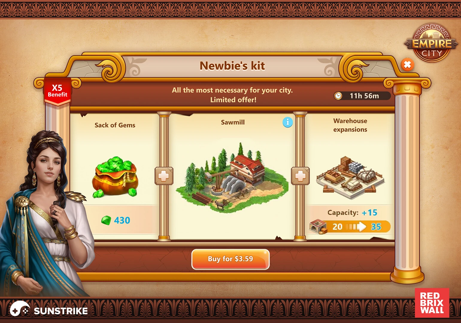 Game UI for Empire City by Red Brix Wall - ornate fantasy-themed event window with character portraits, ornamental gold frame and limited-time event timer, by SunStrike Studios