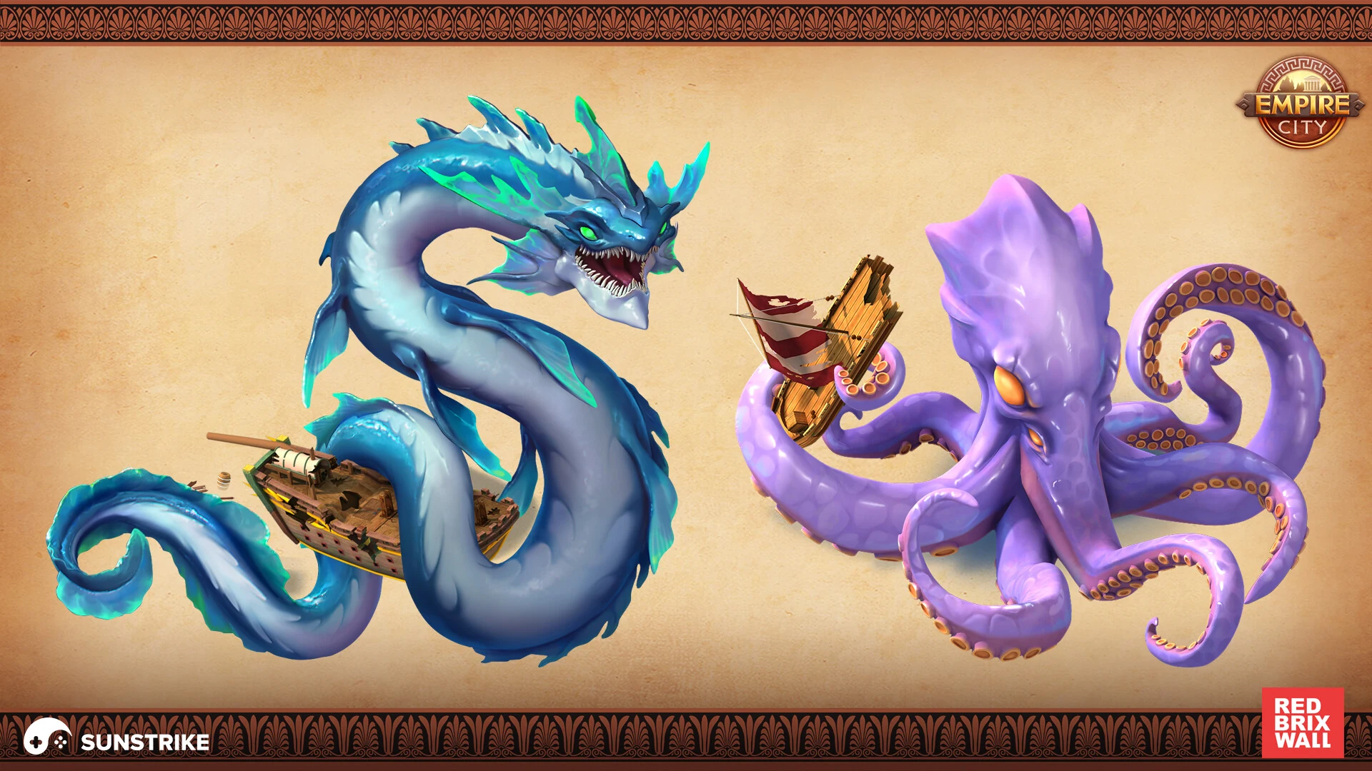 2D creature concept art - sea dragon and giant octopus for city builder game marketing