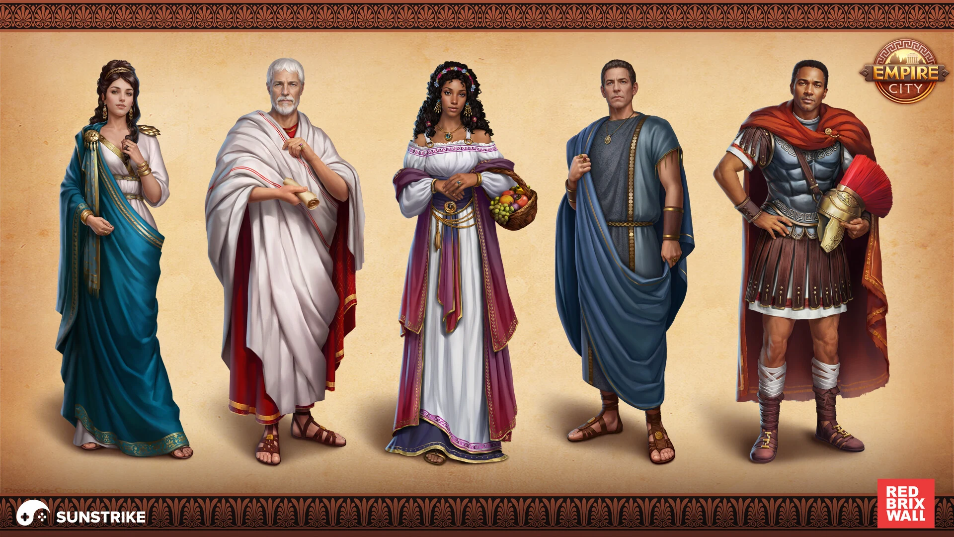 2D character illustration - ancient Roman character cast for Empire City builder game marketing