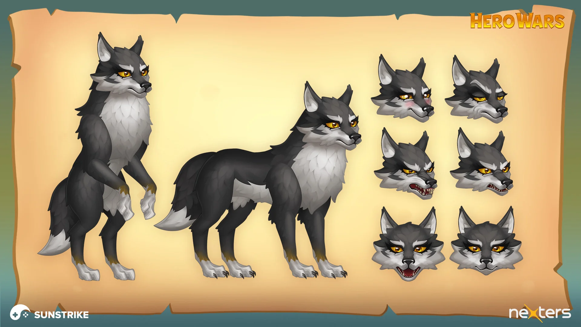 2D wolf character turnaround and expression sheet for Hero Wars mobile RPG