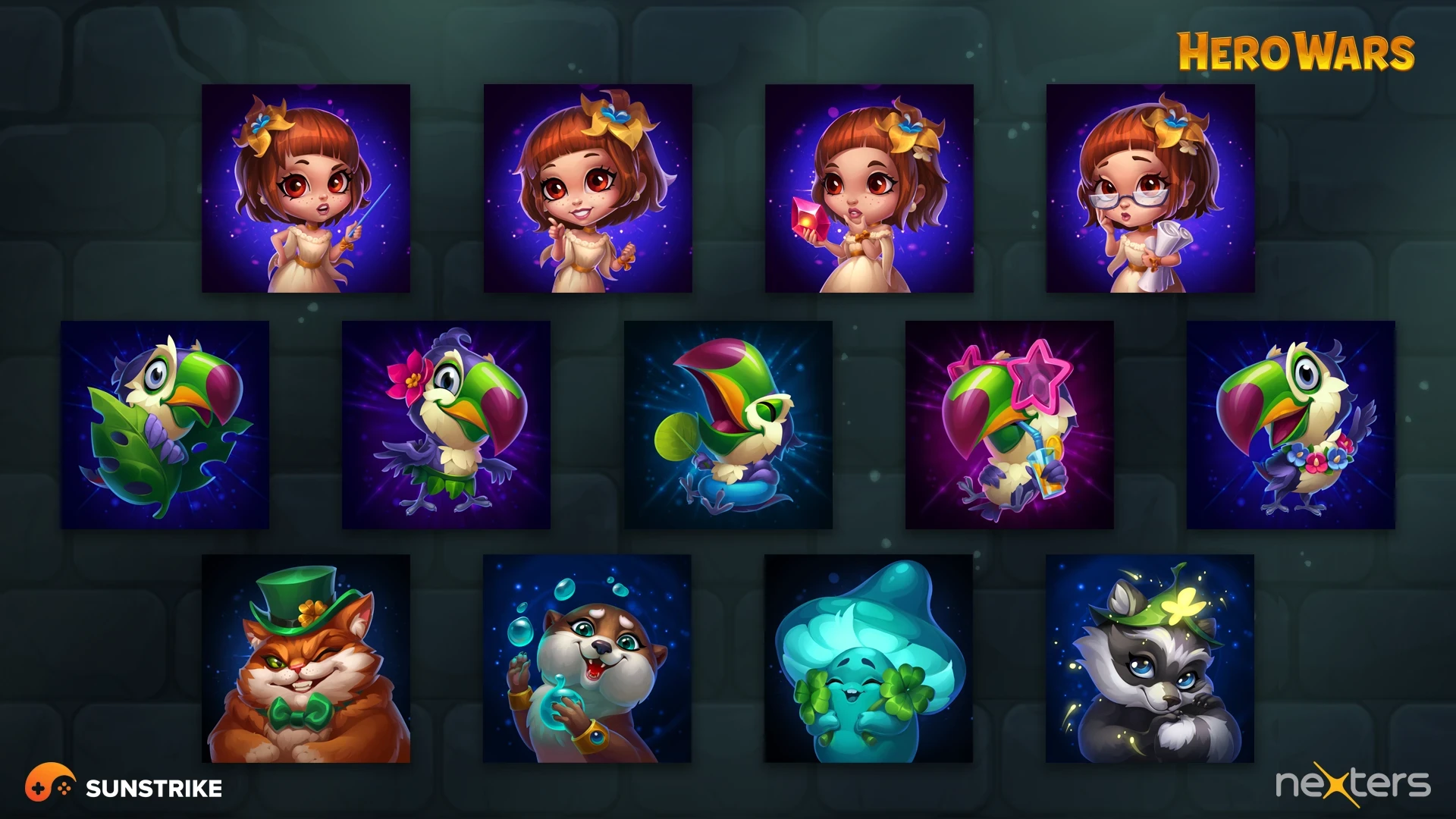 2D character avatars and UI elements for Hero Wars mobile RPG