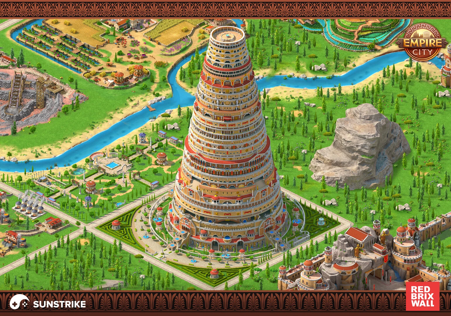 Isometric city builder game art - dense urban tile of Victorian-era buildings, town hall and gardens for Empire City by Red Brix Wall, 3D-rendered to 2D sprites by SunStrike Studios