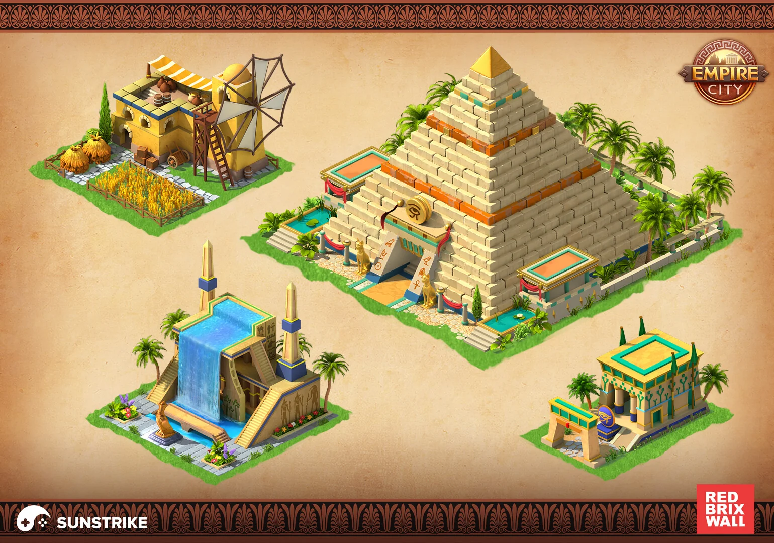 Isometric Egyptian-themed building pack for Red Brix Wall Empire City - sandstone pyramid, oasis windmill and golden waterfall ramp