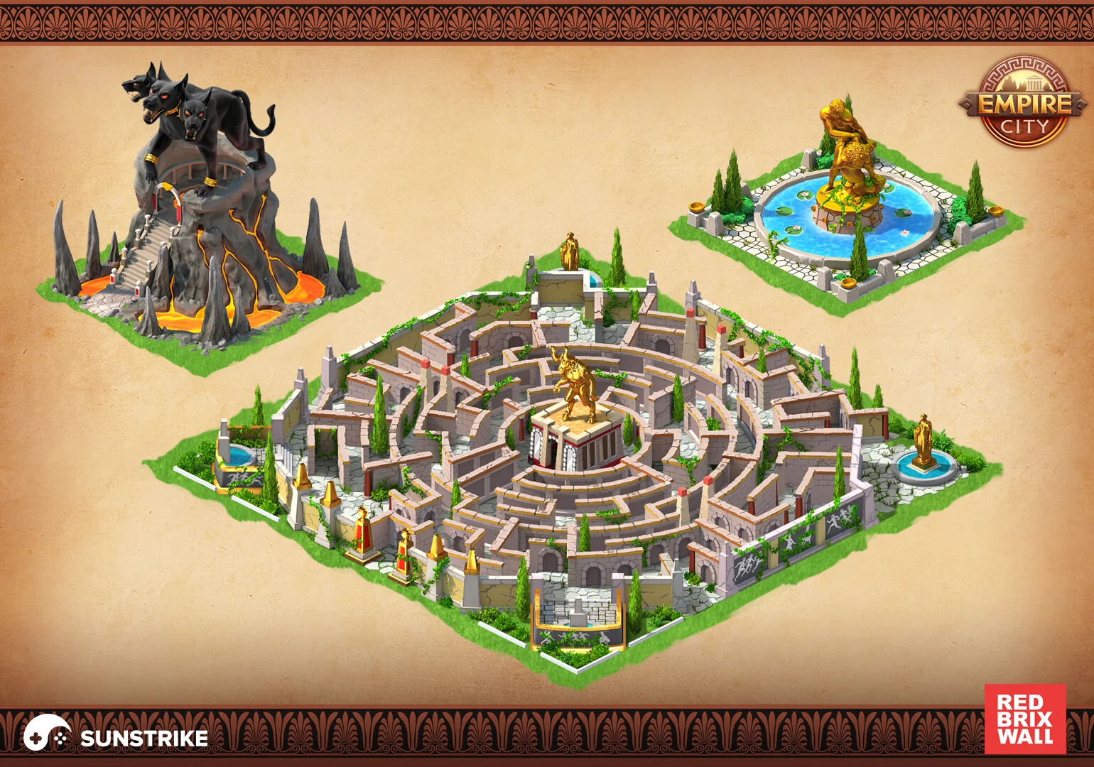 Isometric Underworld-themed building pack for Red Brix Wall Empire City - Cerberus on lava cliff, golden Minotaur labyrinth and water shrine