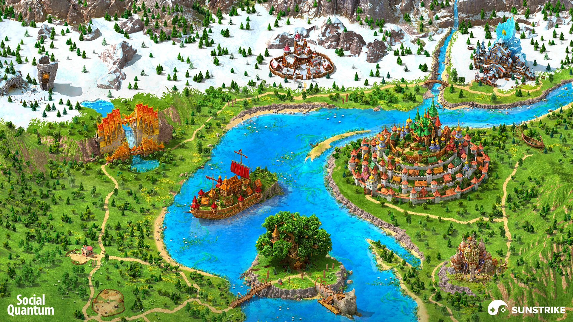 Isometric fantasy city builder location for Megapolis by Social Quantum - Mediterranean coastal town with marble bridges, terracotta houses and a sailing ship, by SunStrike Studios