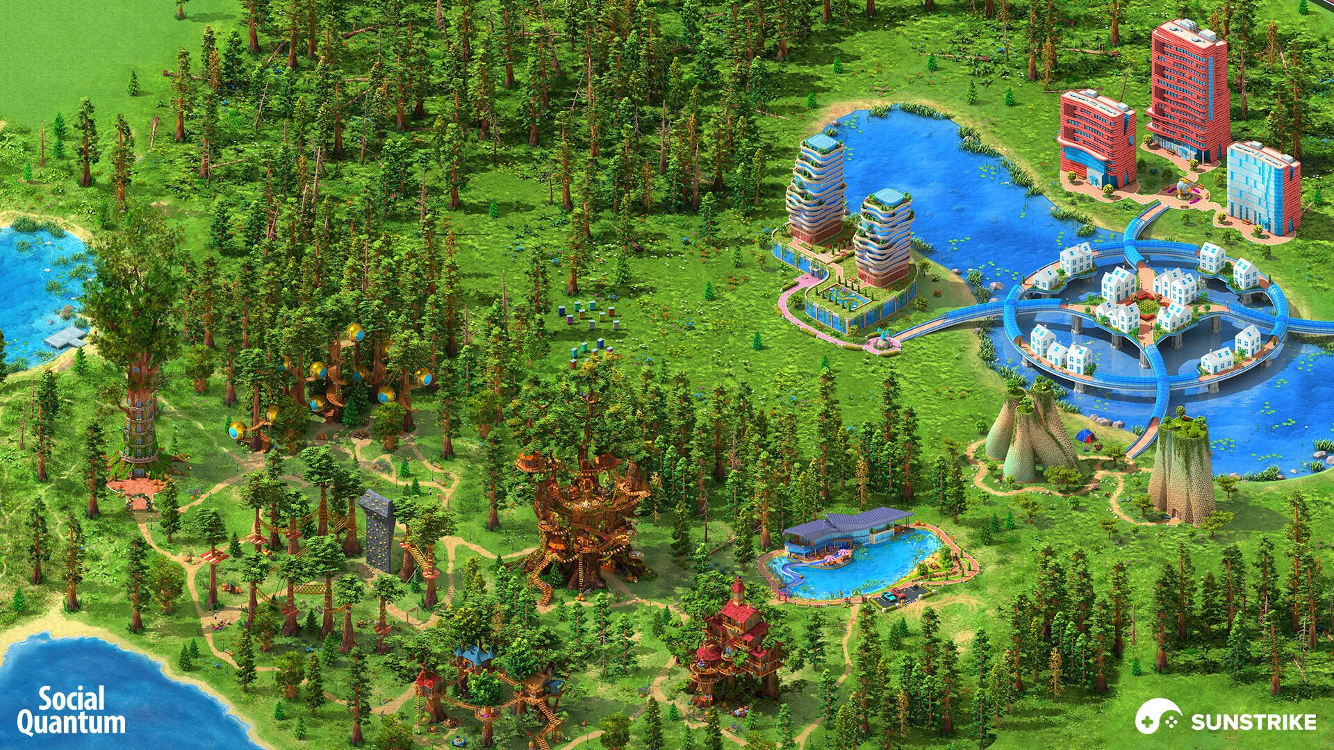 Isometric futuristic city builder location for Megapolis by Social Quantum - sci-fi tower with neon accents, hover platforms and curved organic architecture, by SunStrike Studios