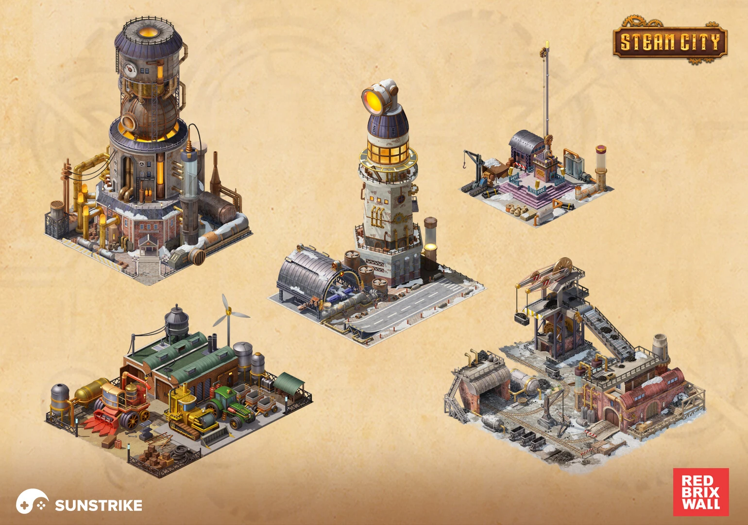 Isometric environment art for Steam City by Red Brix Wall - steampunk Victorian buildings with brass details, copper roofs and gear motifs, 2D city builder game art by SunStrike Studios