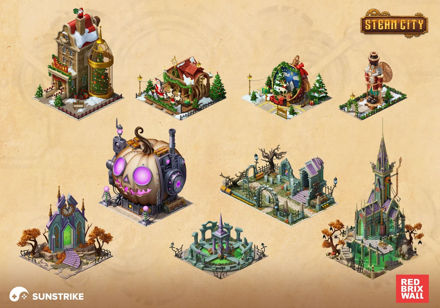 Isometric location design for Red Brix Wall: Steam City