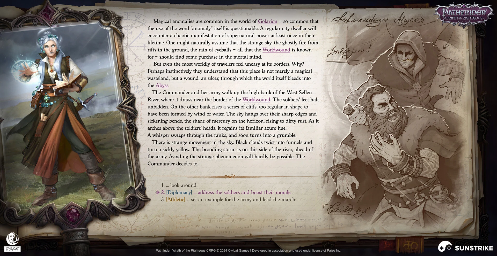 Diegetic CRPG journal UI by SunStrike Studios for Pathfinder - parchment book with character portrait, handwritten margin notes, choice prompts and decorative borders