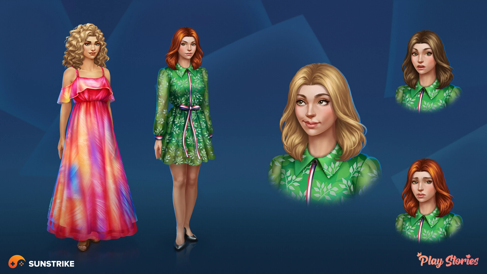 Stylized 2D female character designs - costume and hair variants for casual mobile game
