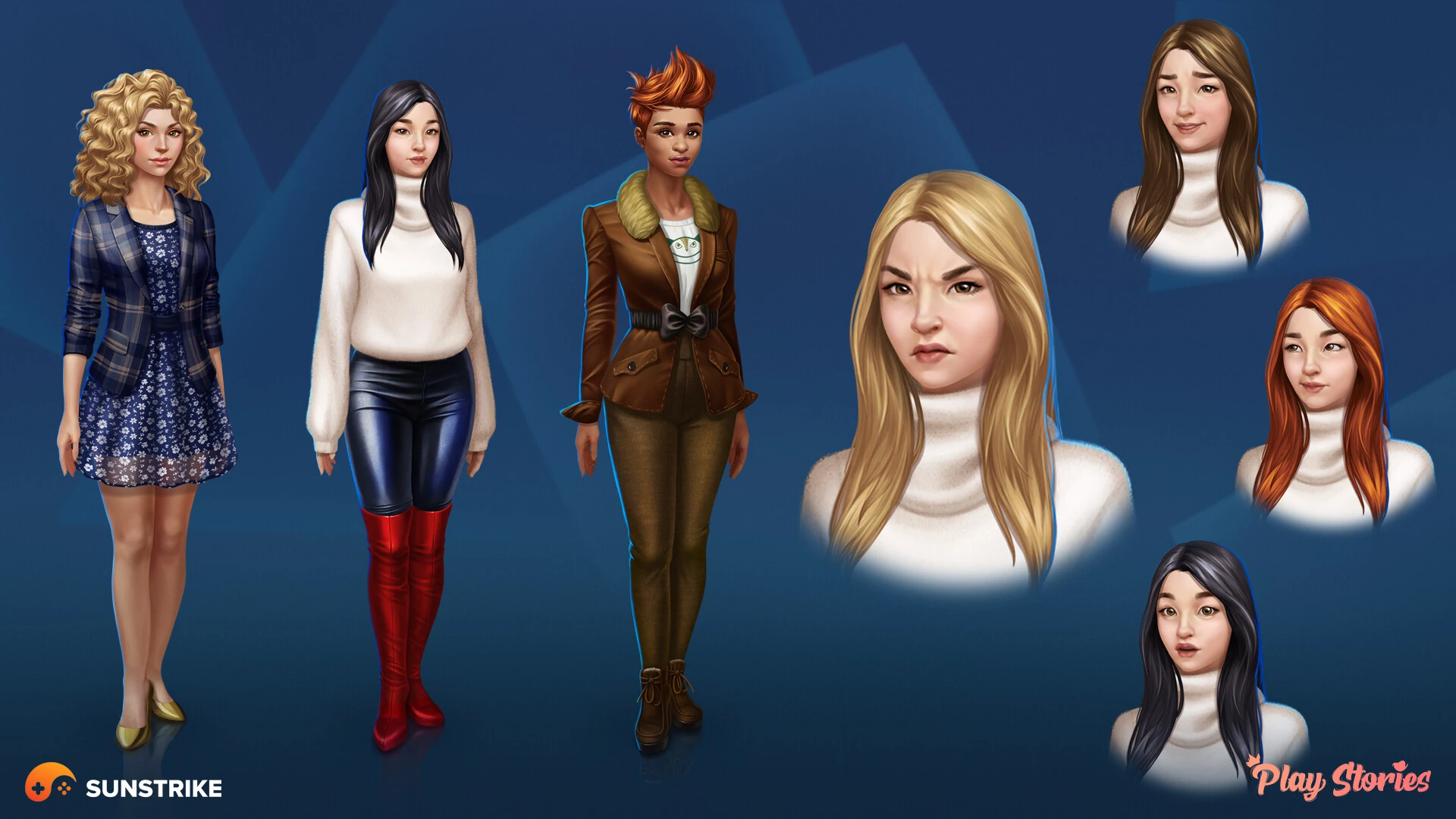 Stylized 2D female character roster - full-body cast with portrait variants for casual mobile game