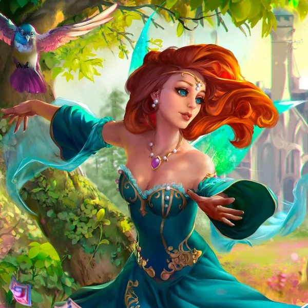 Fantasy princess illustration with bird companion - stylized 2D game character
