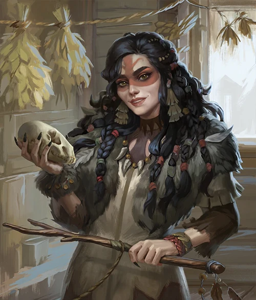 2D character illustration - female shaman warrior with skull and staff for fantasy RPG