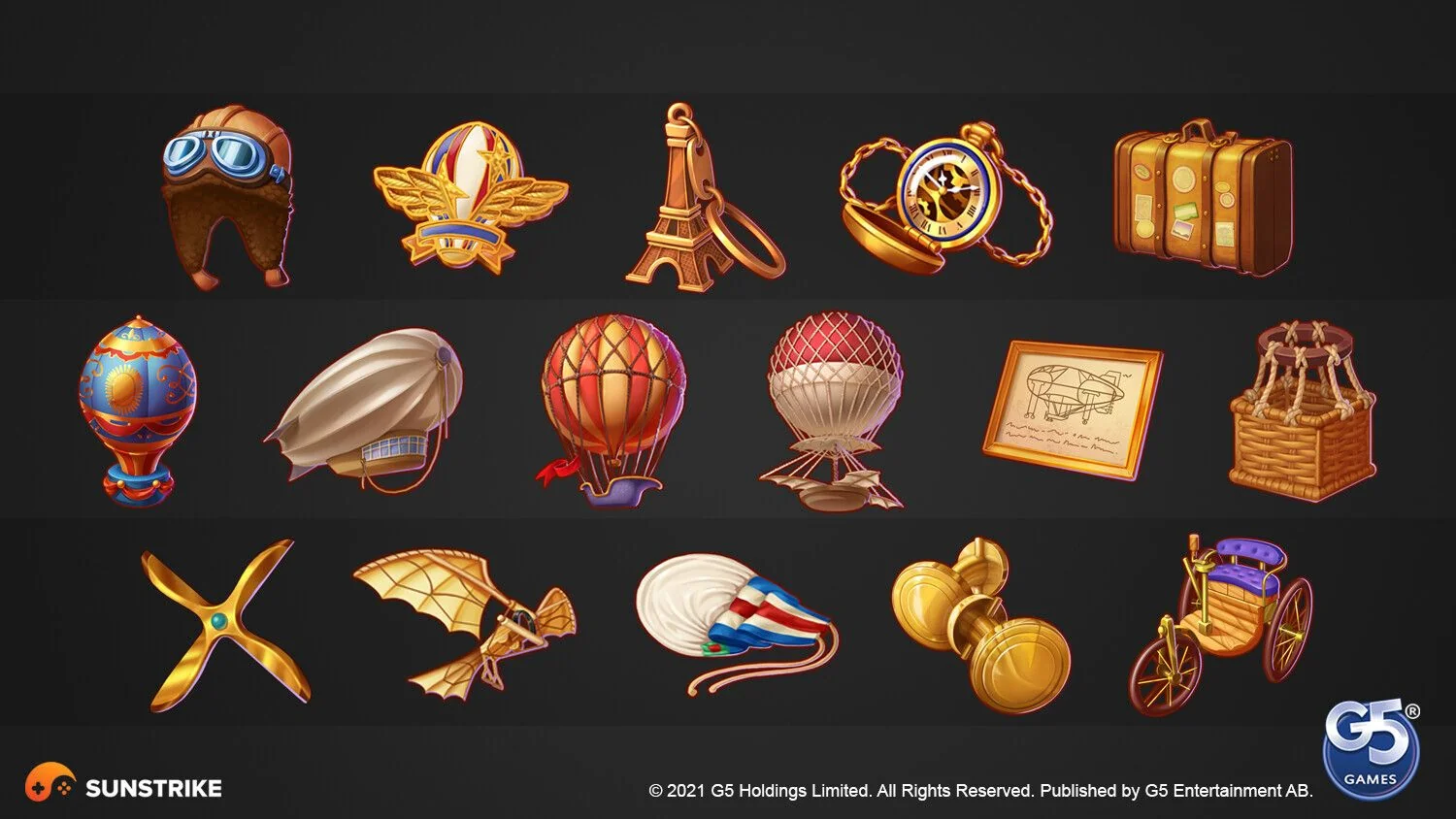 2D game art outsourcing - steampunk travel item icons for mobile game