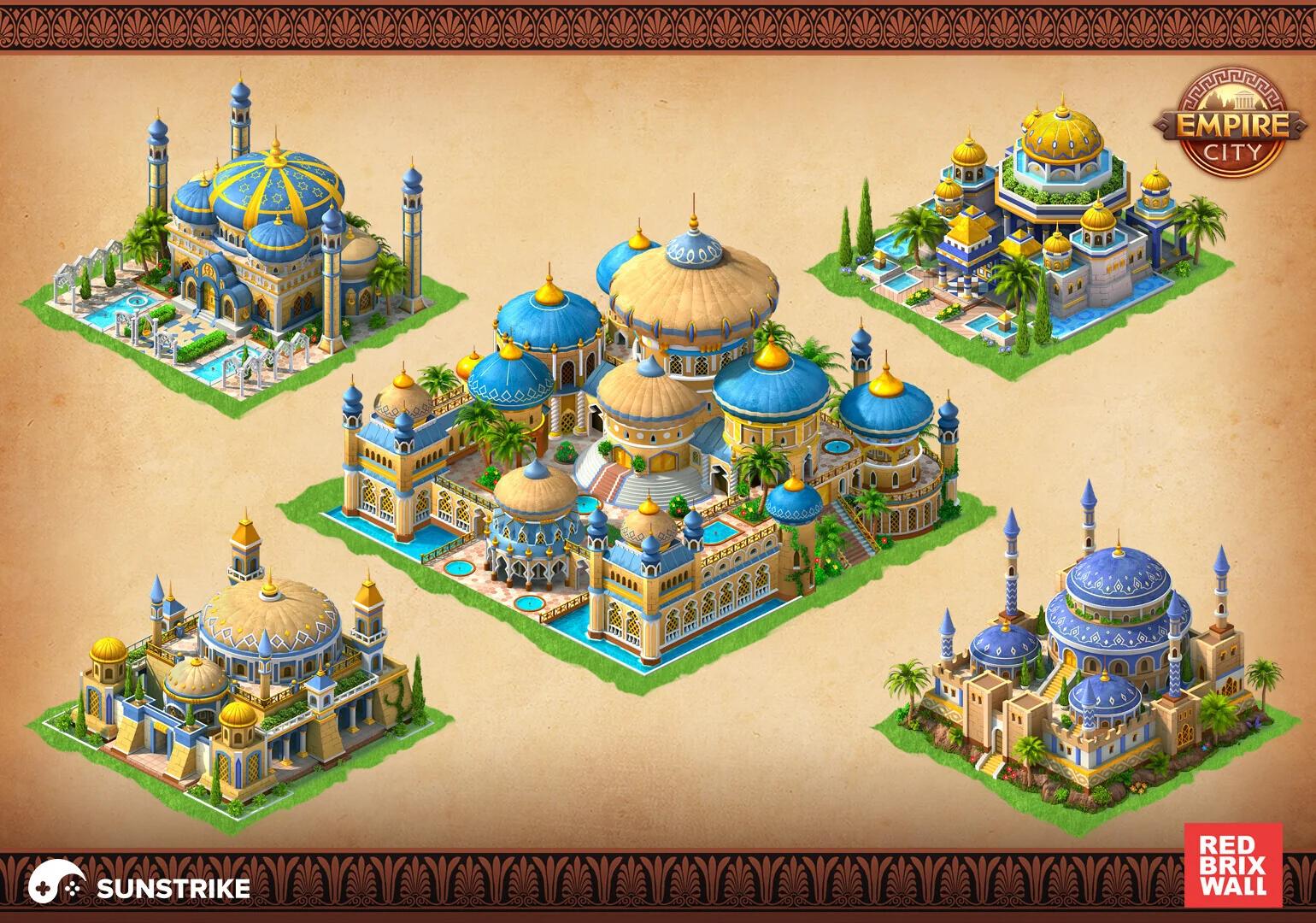 3D game art outsourcing - isometric Arabian palace building renders for Empire City