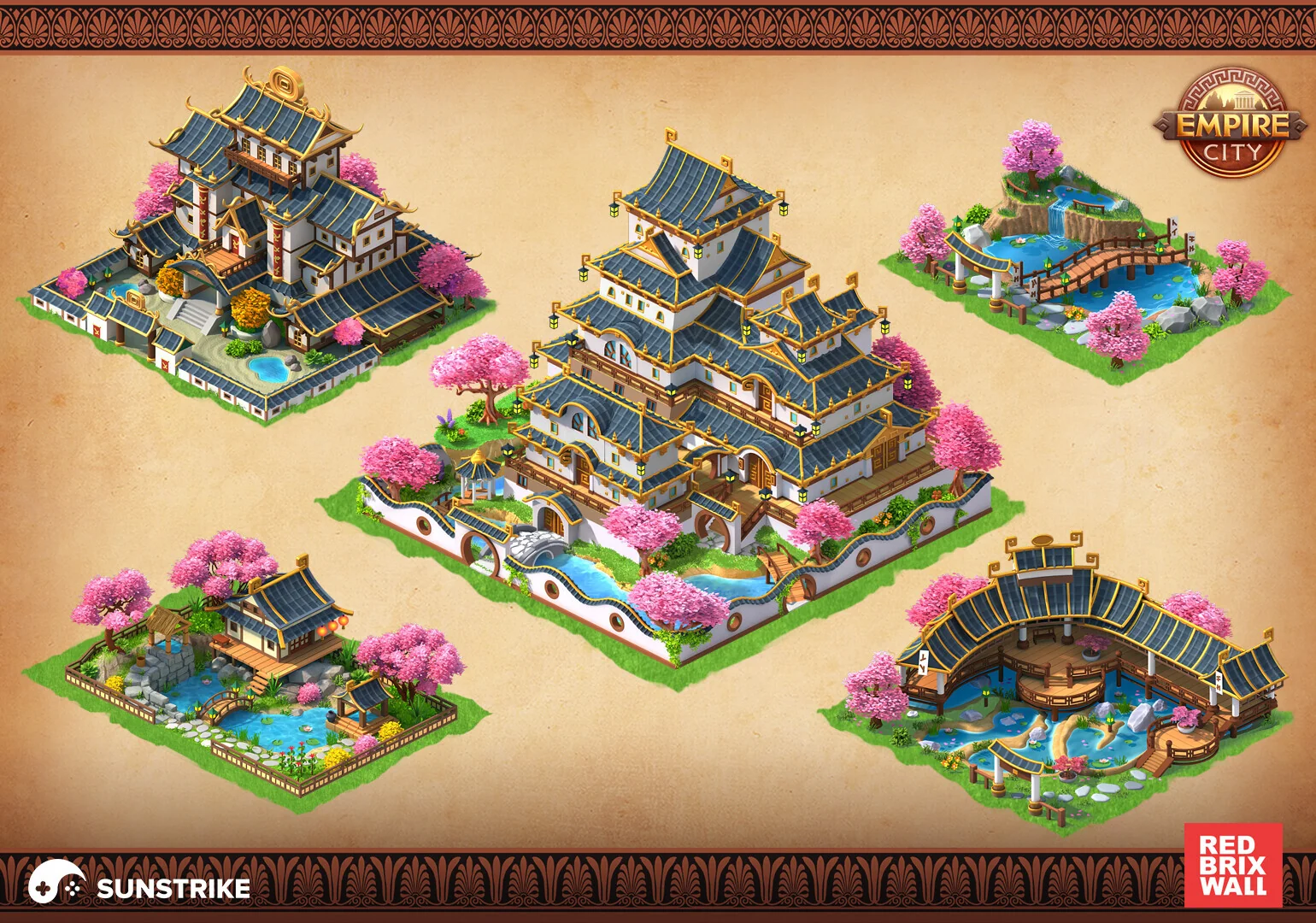 3D art outsourcing - isometric Asian building renders for Empire City