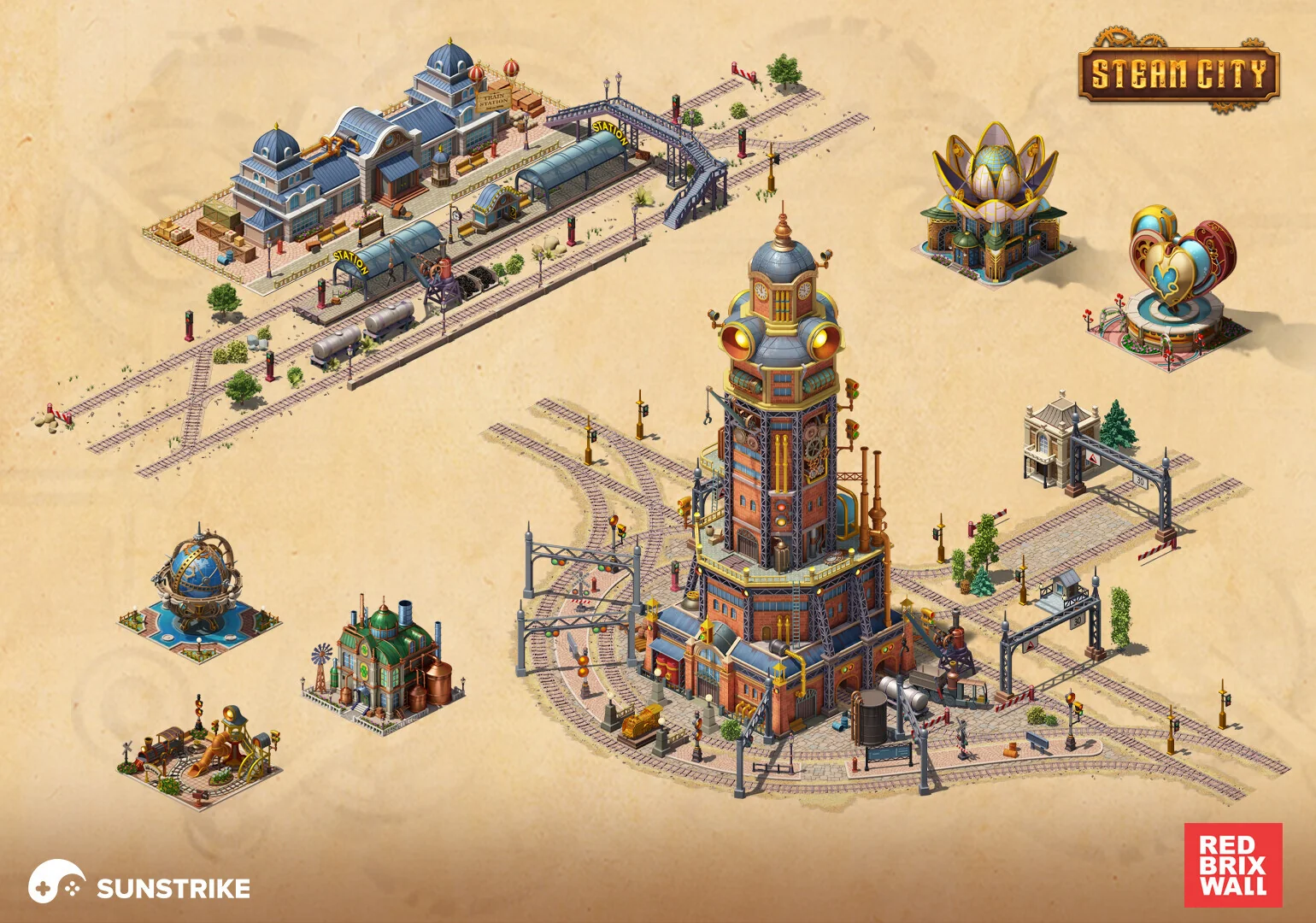 3D game art outsourcing - steampunk city building renders for Steam City