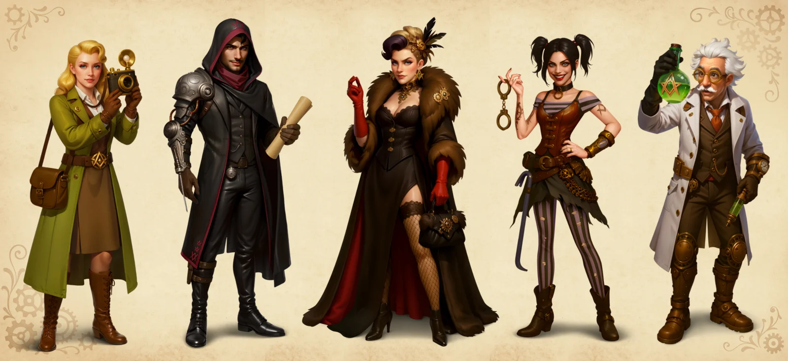 AI game art outsourcing - steampunk character lineup with art direction and hand polish by SunStrike Studios