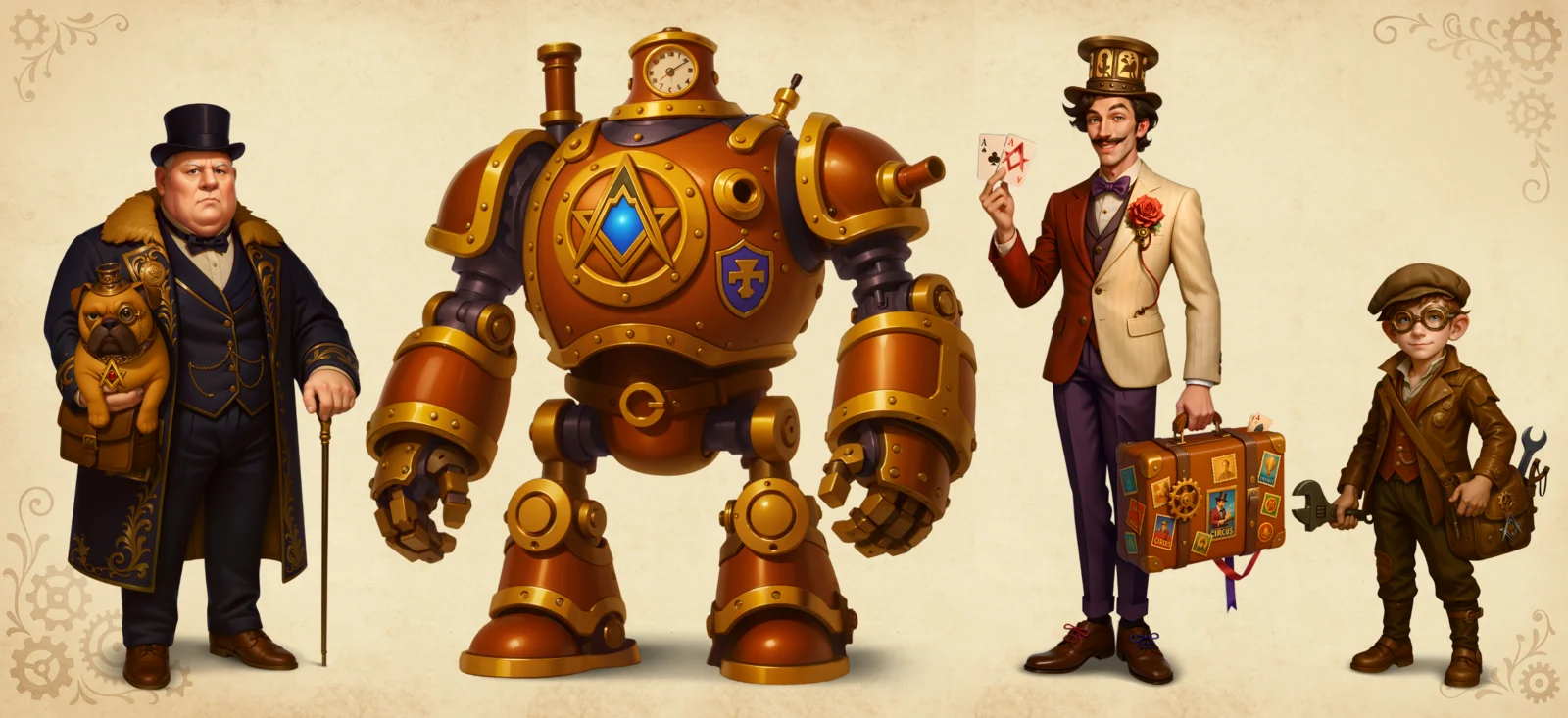 AI character design - steampunk cast including mecha robot and engineer by SunStrike Studios