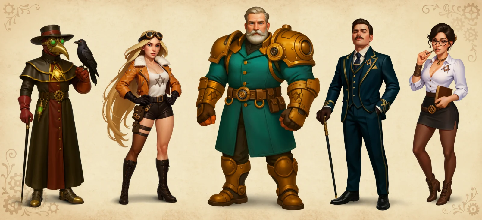 AI game art outsourcing - steampunk plague doctor pilot and aristocrat character concepts