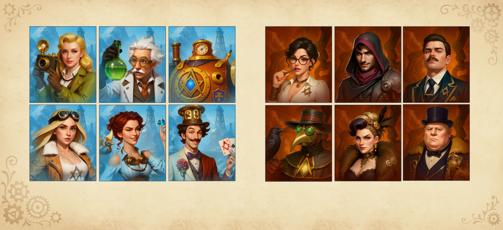 AI character design icons - steampunk portrait variations grid by SunStrike Studios