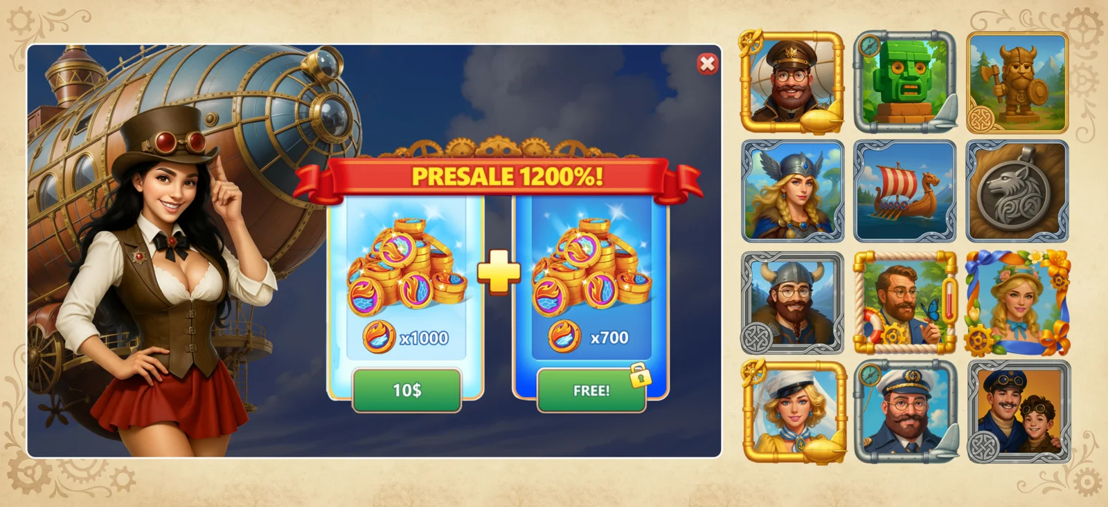 AI game art - Viking mobile event UI with character portraits and store window