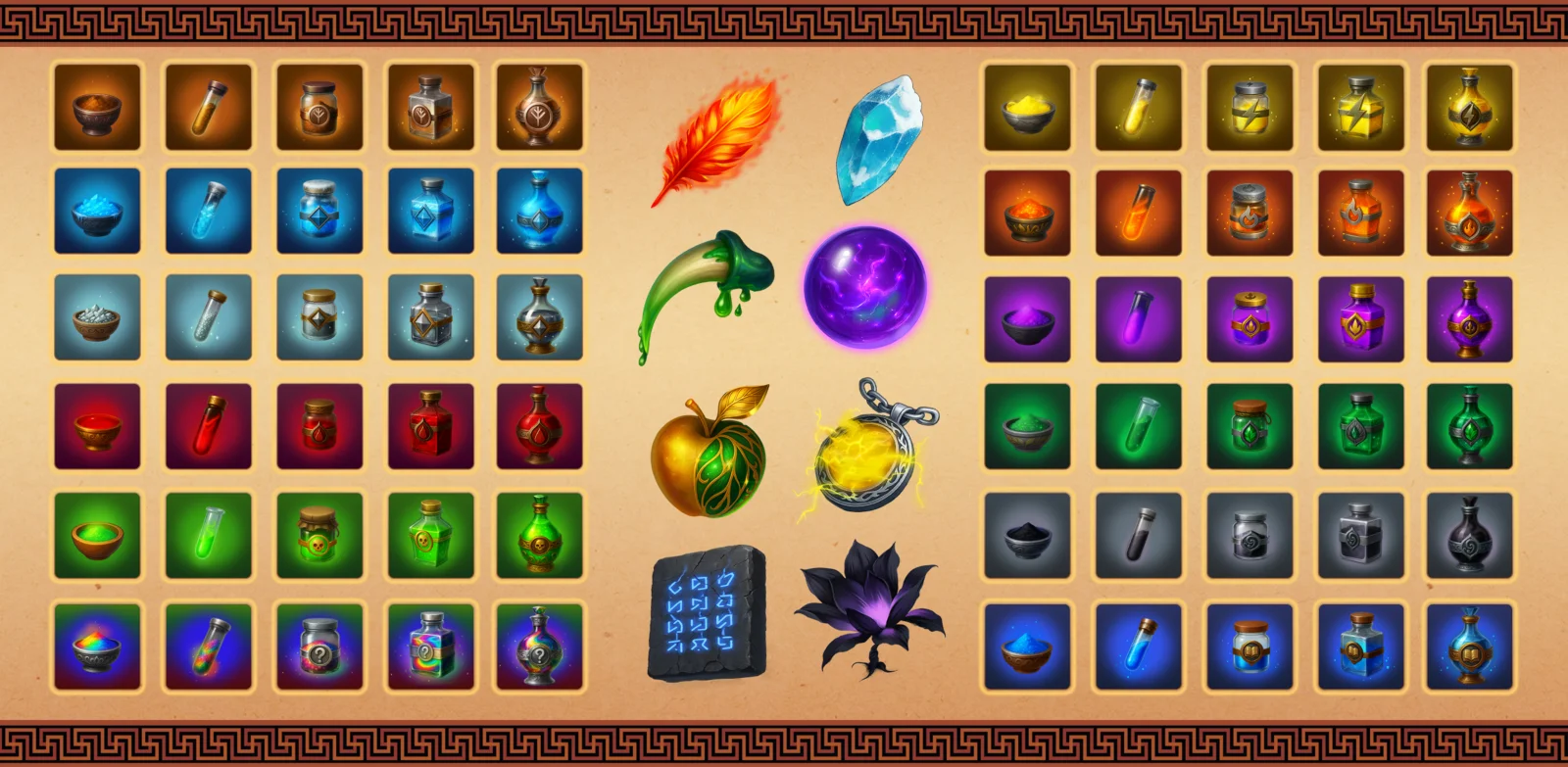 AI item icons - alchemy potions herbs and gems icon sheet for mobile RPG