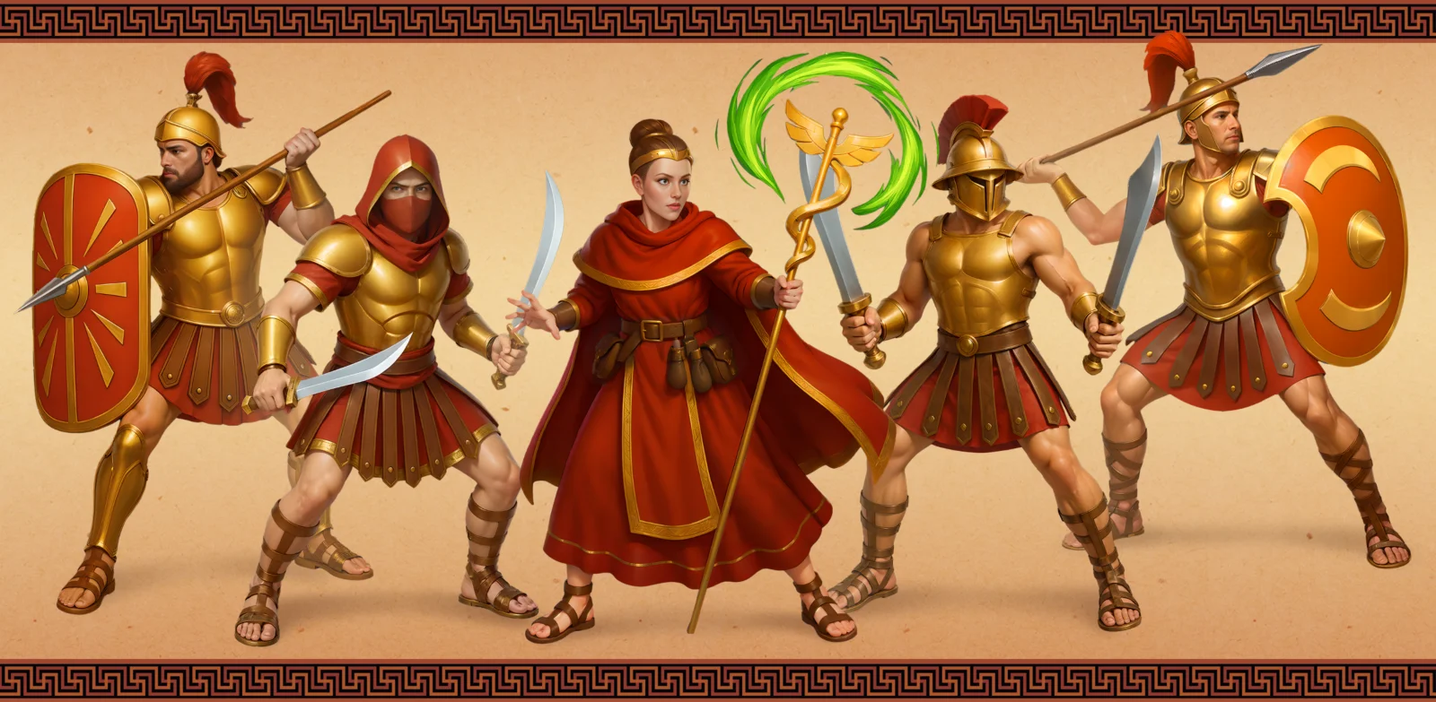 AI character design - Roman warriors and Greek priestess with magic staff