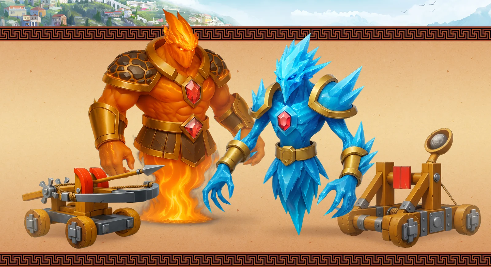 AI creature design - fire and ice elementals with siege catapults