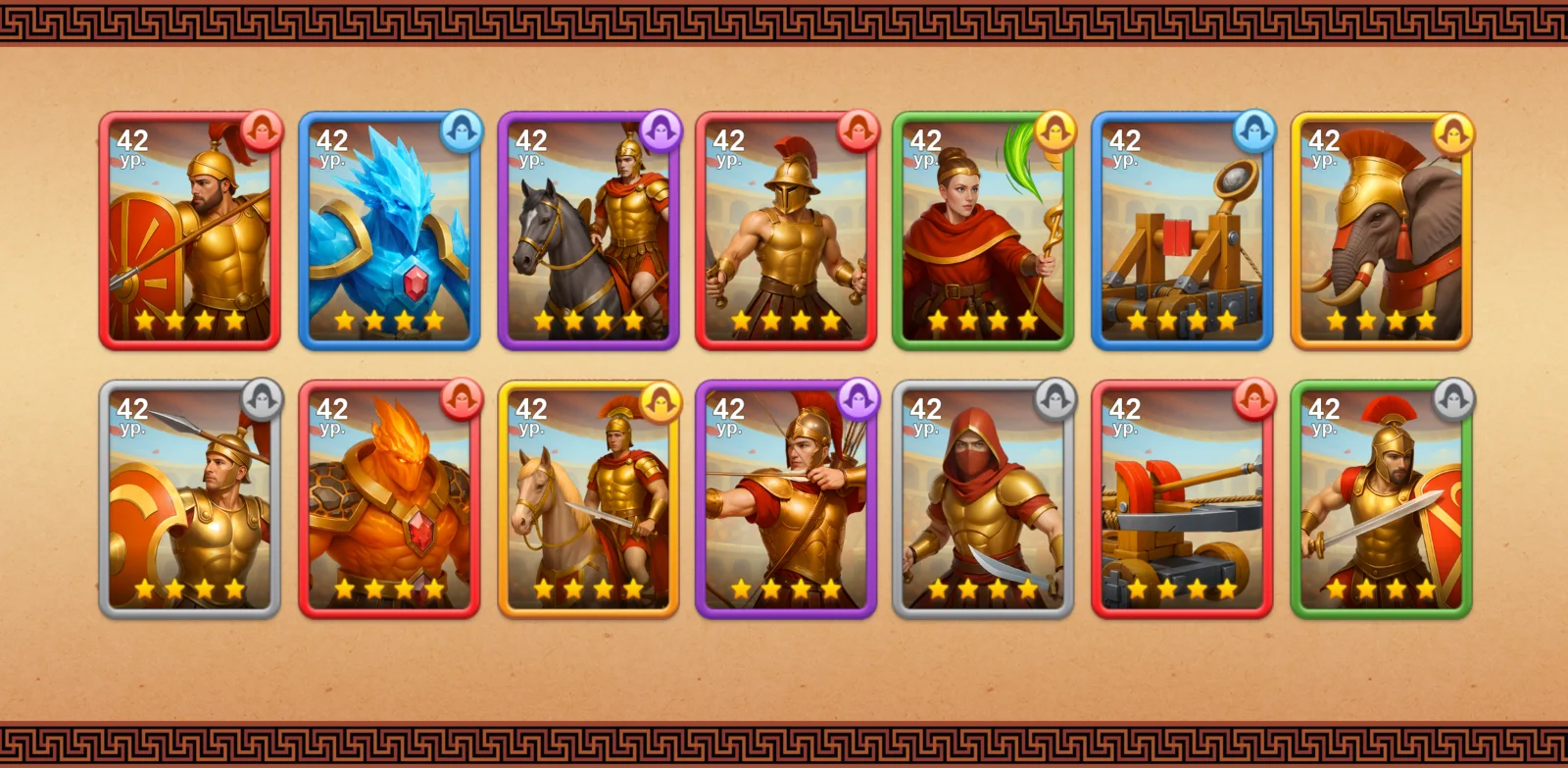 AI character cards - Roman warrior unit cards with rarity frames for RPG