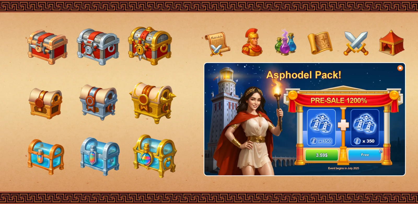AI marketing art - chest variations and Asphodel Pack pre-sale window for casual mobile