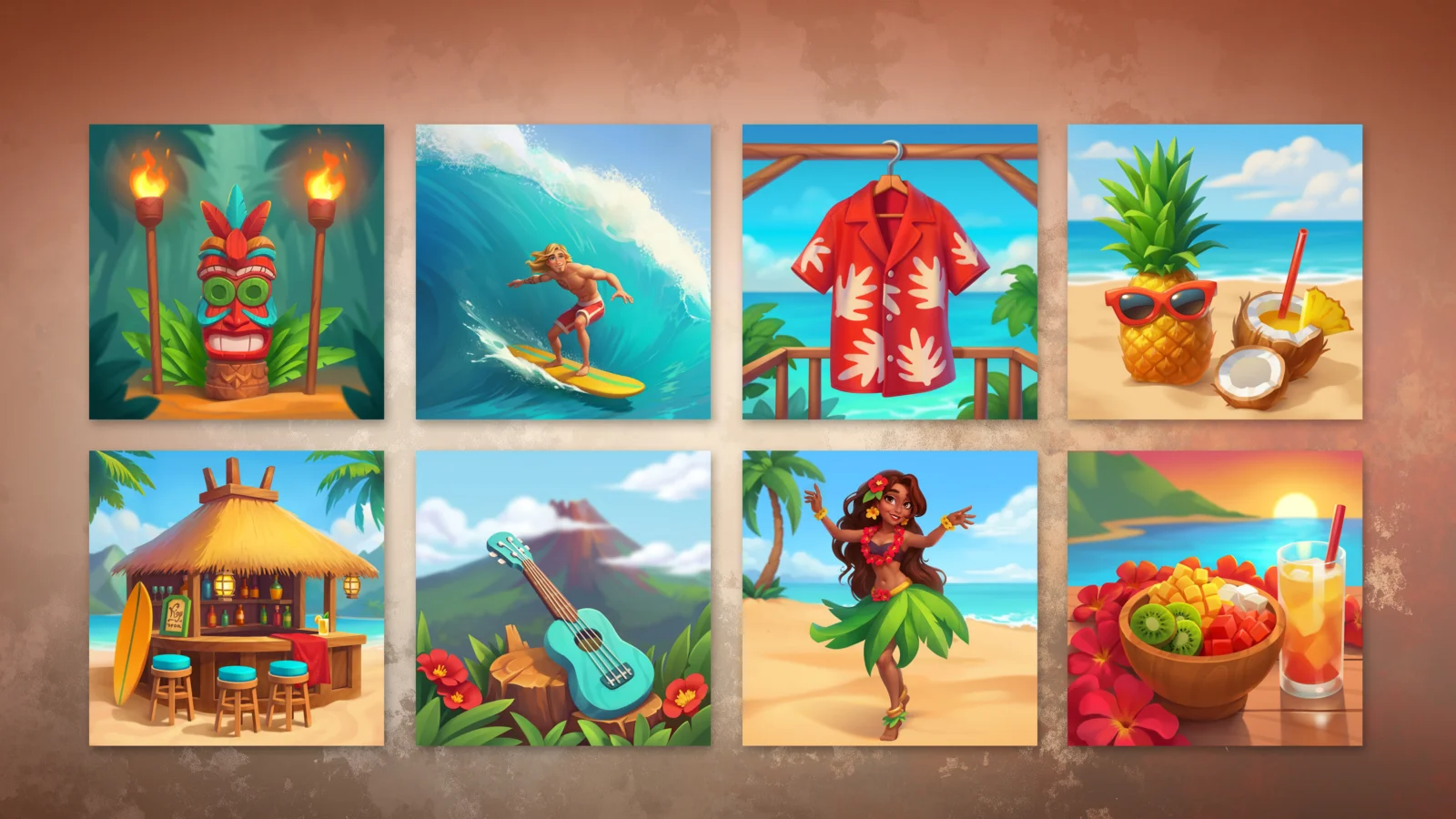 AI themed event art - Hawaiian tiki seasonal illustrations with hula dancer and surfer