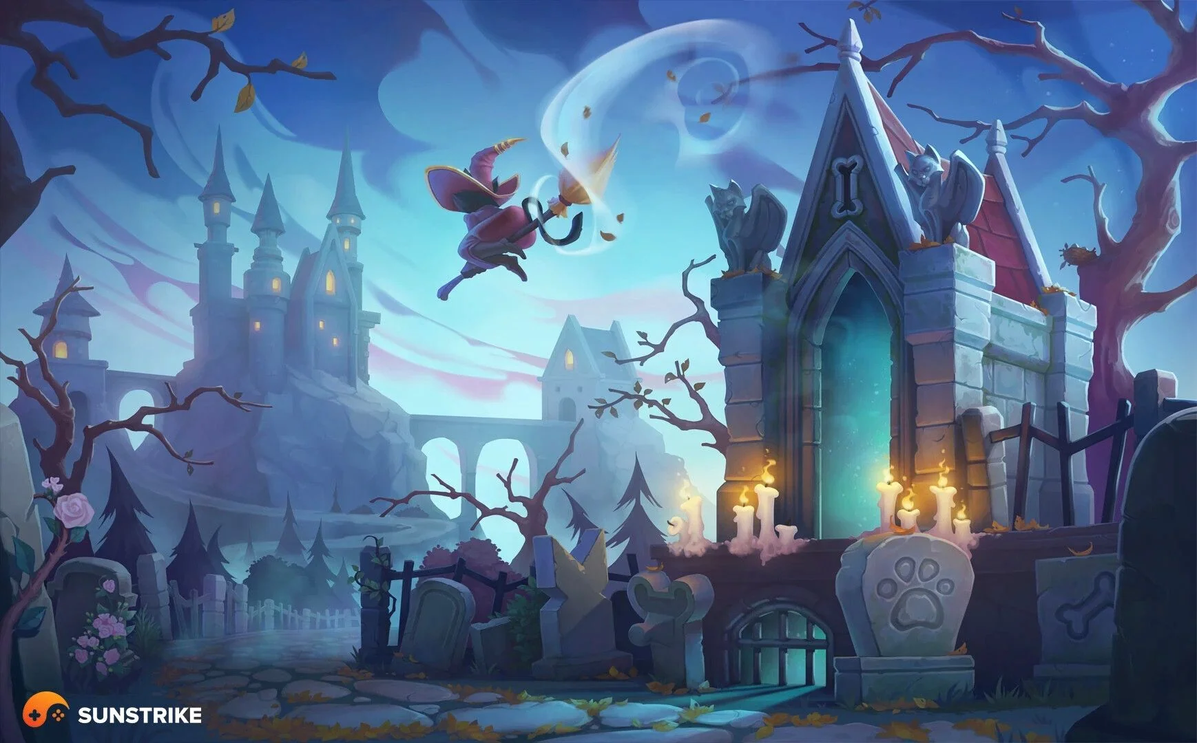 Game loading screen art - fantasy graveyard background with witch for mobile game