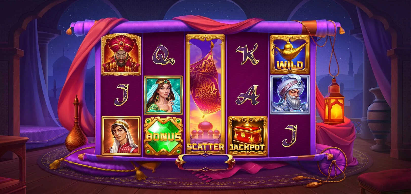 Slot machine art - Arabian nights casino slot game design with characters and background