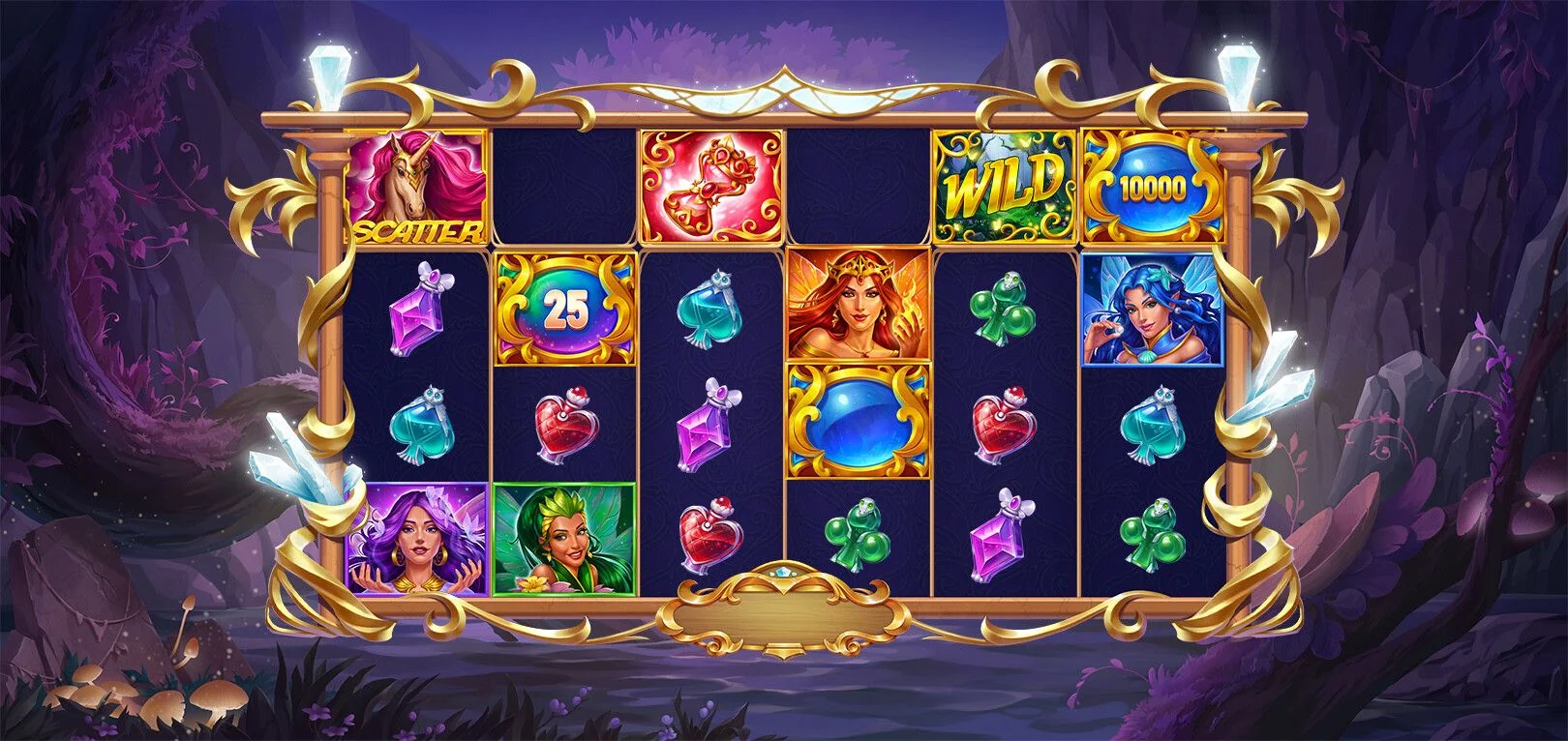 Casino game art - fantasy fairy themed slot machine design with symbols and background