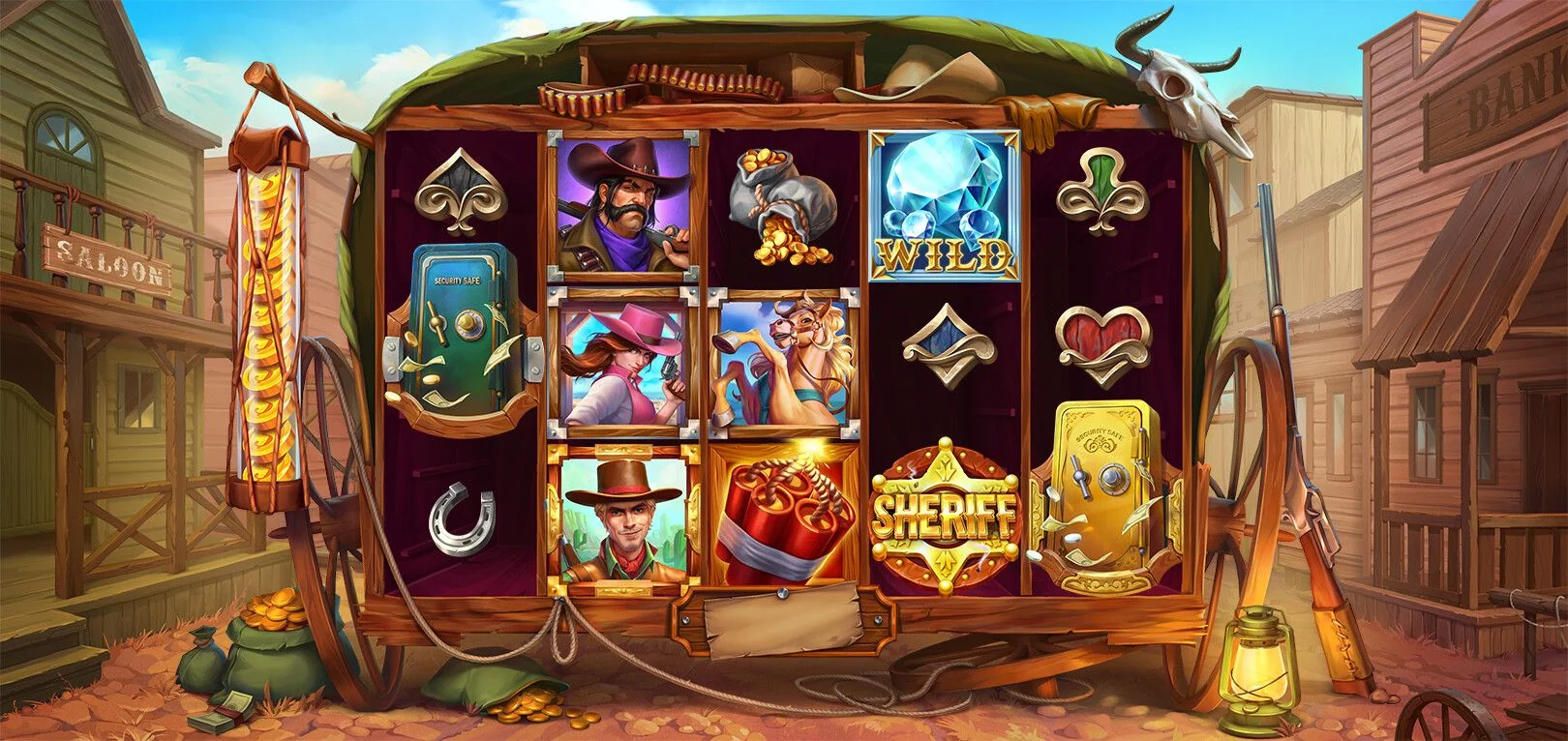 Slot game design - wild west casino slot machine art with background and symbols