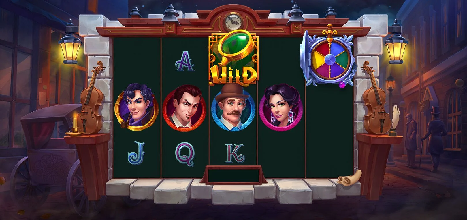 Slot game design - detective mystery themed casino slot with characters and background
