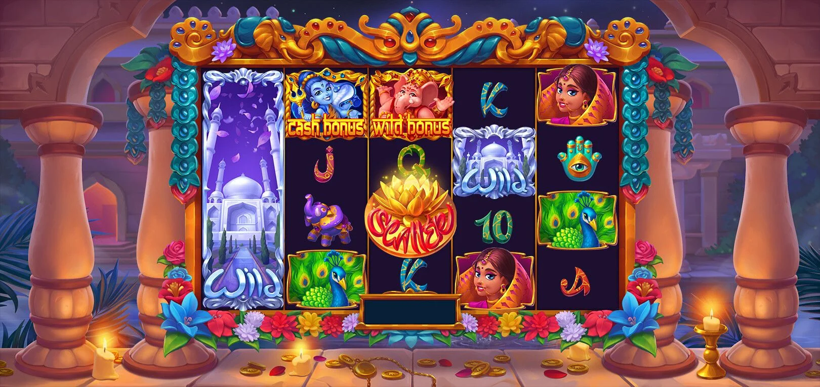 Casino game art - Indian themed slot machine design with symbols and background