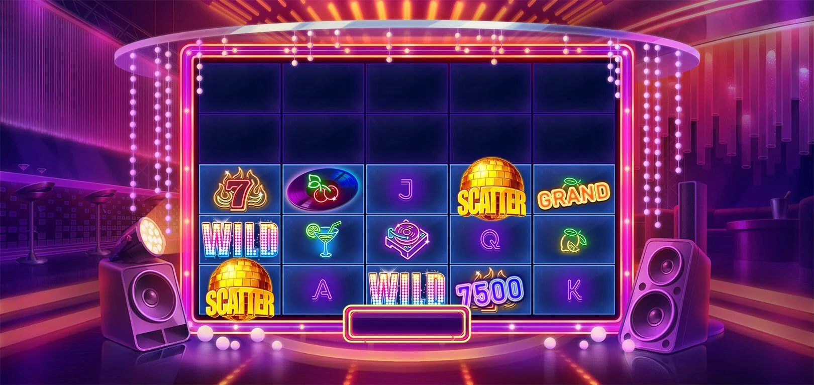 Slot machine art - neon disco themed casino slot game design with symbols